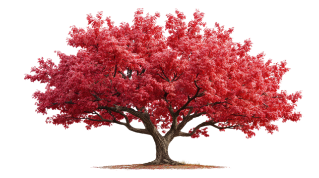 Radiant Red Tree in Bloom: A single vibrant red tree, bursting with lush foliage, stands in full bloom, showcasing nature's vivid artistry.