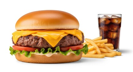 Delicious Cheeseburger Meal with French Fries and Cola on White Background