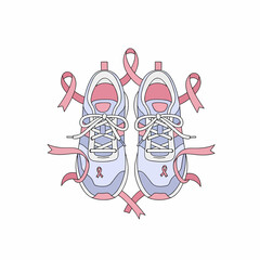 Pair of white and pink running shoes intertwined with breast cancer awareness ribbons.