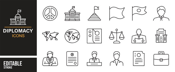 Collection of diplomacy icons for politics, global peace, and international projects.