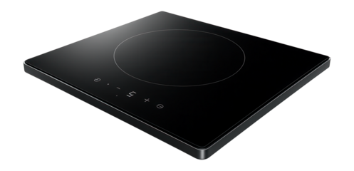 Smart induction cooktop with flat glass surface and LED touch controls.
