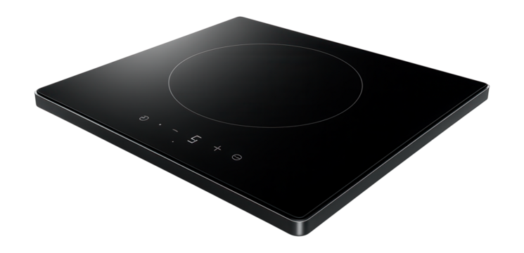Smart induction cooktop with flat glass surface and LED touch controls.