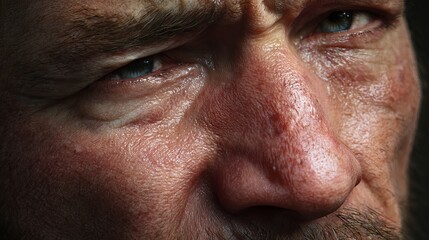 Fototapeta premium Close-up of a weathered male face displaying deep emotions and thoughtful expression.