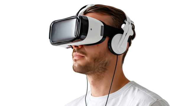 Immersive Reality: Capturing the essence of modern technology, this shot presents a man completely immersed in virtual reality.