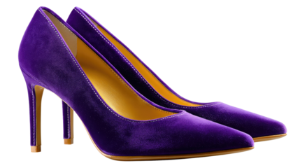 Elegant Heels: A pair of exquisite purple heels epitomizes fashion. The sharp stiletto heels elevate a woman's sense of style. Capture the grace and charm in its silhouette