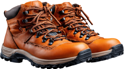 Rugged Hiking Boots: Sturdy brown leather hiking boots, designed for outdoor adventures, showcase durability and readiness for trails.