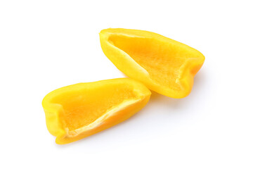 Pieces of yellow bell pepper on white background