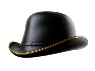 Elegant black bowler hat with gold trim on black background