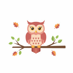 Cute cartoon reddish-brown owl with big eyes perched on a branch with falling autumn leaves.