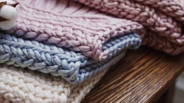 piled arrangement of crocheted and woven apparel items with natural cotton plant blossom, woolen garments, heap of cold-weather pullovers in soft, light colors