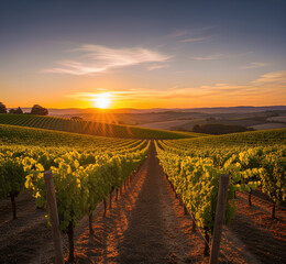 Fototapeta premium Scenic vineyard landscape at sunset with golden light on grapevines