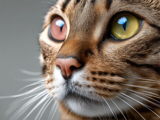 Close up cat face beautiful fur clean whisker perfect detail expressive eyes brown tabby soft focus animal portrait calm mood