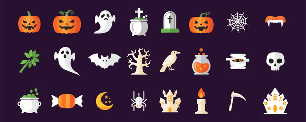 set of Halloween vector elements icon sheet. Halloween  vector illustration.  pumpkin, ghost, cat, spider, monster, hat, witch, spooky, black, purple, green 