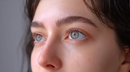 Obraz premium Close-up portrait of a young woman with striking blue eyes and natural makeup, showcasing her facial features and soft skin texture in a serene indoor environment