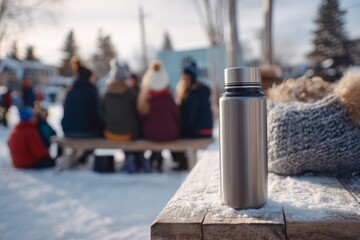 Steel thermos and knit cap on a wooden table during a social winter meetup