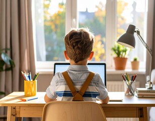 The back view of a child studying

