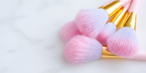 Set of pink and gold makeup brushes arranged on a marble surface, showcasing soft bristles and elegant design, perfect for beauty and cosmetic applications