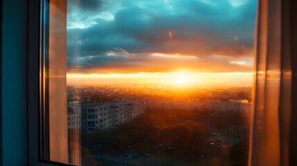 Obraz premium City sunset view through window