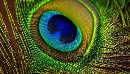Obraz premium A detailed close-up view of a peacock feather, showcasing the vibrant colors and intricate texture of the barbs.