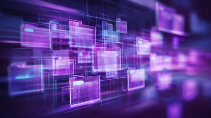 Obraz premium Abstract network grid with files and folders, futuristic software interface, digital document management system, store, search and organize documents, corporate business, paperless office 