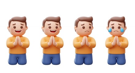 Emotional cartoon characters praying different expressions