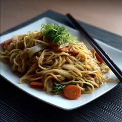 Chicken chow mein noodle dish with carrot, onion, and green onion garnish on white plate, savory and appetizing Asian cuisine