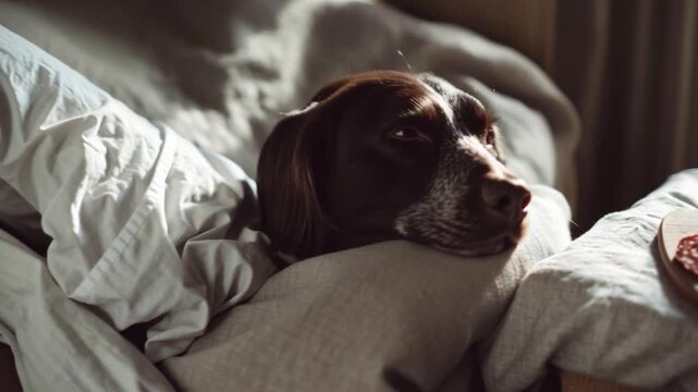Thin slices of salami laid out on a wooden board accompanied by an organic red wine in diffused light. A dog on sofa adding comfort to the scene.