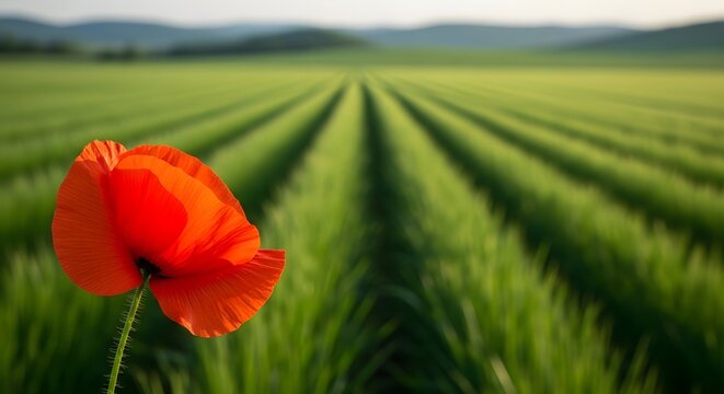 Vibrant red poppy blooming in a lush green field evoking peace and natural beauty