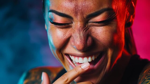 Tattooed woman laughing in neon light. Empowerment and self-expression concept