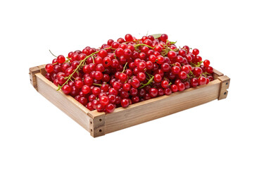 Overfilled wooden crate of fresh, vibrant red currants against a white background
