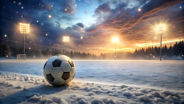 A soccer ball sits on a snowy field under stadium lights at sunset with falling snow