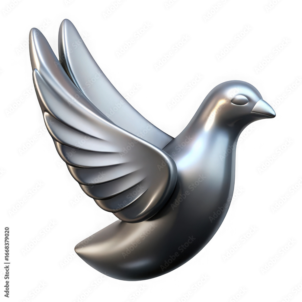 Poster silver 3d dove with wings spread in flight on black background pigeon bird isolated on a transparent