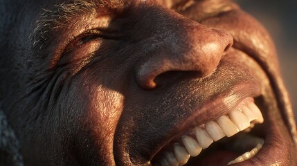 Obraz premium Close-up of an elderly Black man laughing joyfully, showcasing detailed skin textures and an infectious smile.