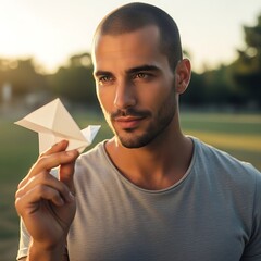 Man holding a paper airplane outdoors.