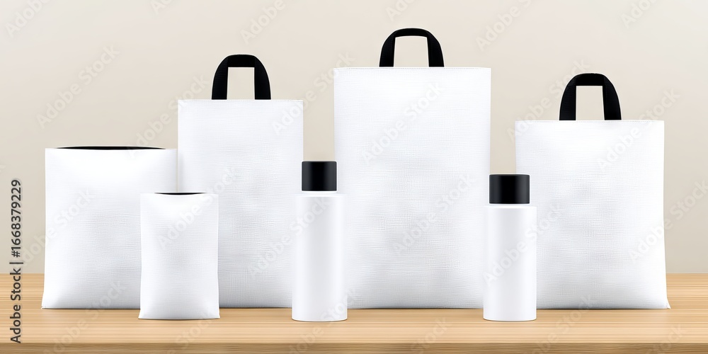 Poster collection of blank packaging mock up bags and bottles arranged on a wooden surface, ideal for brand
