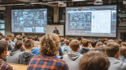 Lecture Hall with Students Watching Presentation on Large Screens, Focus on Technical Diagrams and Academic Learning Environment