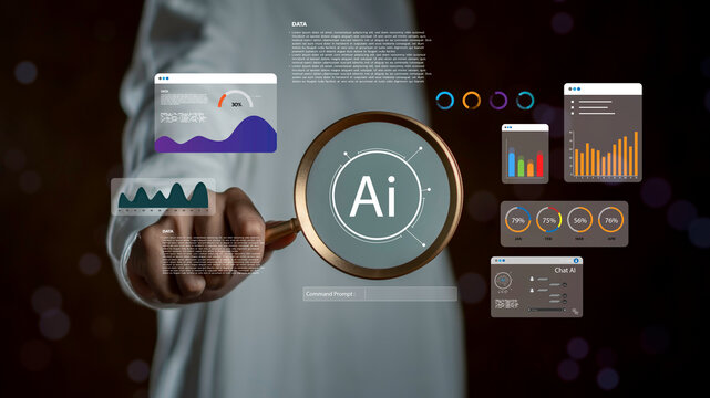 AI agent and intelligent data exploration concept with magnifying glass focusing on AI symbol and analytics dashboards, representing artificial intelligence, machine learning, and smart data insights.