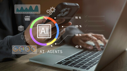 AI agent and intelligent data concept with businessman using mobile device and laptop, showing analytics dashboard and digital charts, symbolizing smart technology, automation, and data innovation.