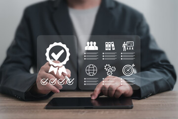 Quality Control and Process Management Concept, Businessman Reviewing Checklist and Certificate,...