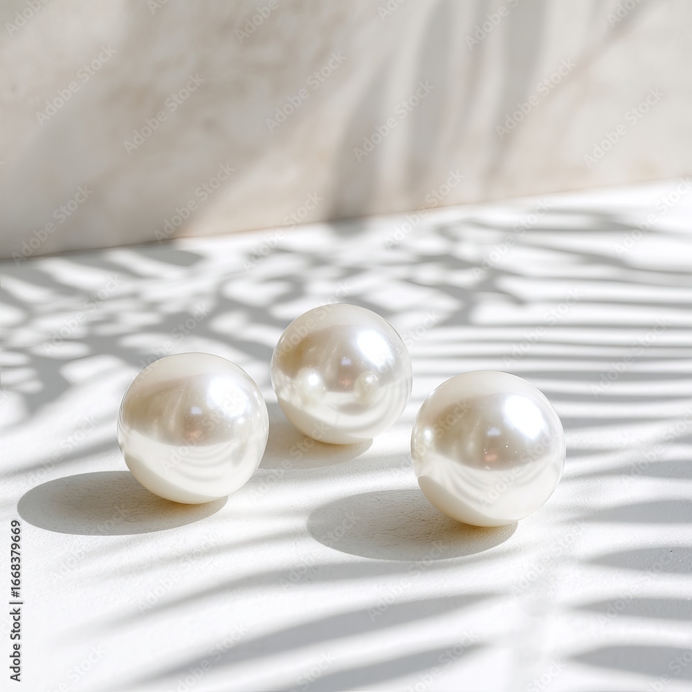 Poster three elegant pearls resting on a soft surface, illuminated by natural light, casting delicate shado