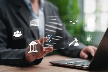 Digital Law and Cybersecurity Concept, Businessman Accepting legal documents, Justice Scale, Data Privacy Protection, Online Security, Legal Technology, Compliance, Internet Policy, Digital Governance