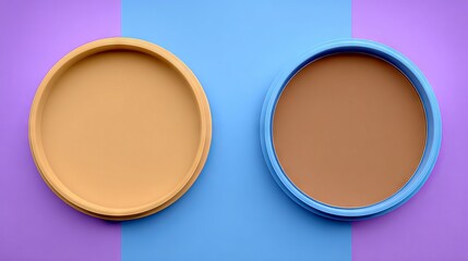 Fototapeta premium Two circular containers with vibrant lids, one orange and one blue, placed on a colorful background, showcasing contrasting colors and textures for creative design purposes