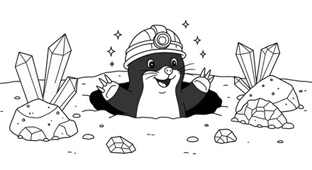 Joyful Mole Mining for Crystals, Underground Cave, Fun Illustration, Whimsical Environment, Cartoon Style, Engaging Vector Art