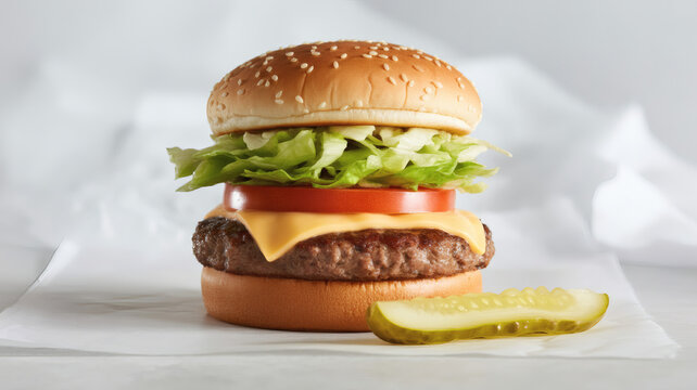 Delicious cheeseburger with fresh lettuce and tomato on a sesame seed bun close up - Powered by Adobe