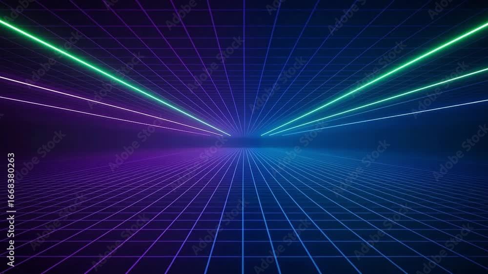 Poster futuristic grid background with neon lines converging towards a vanishing point