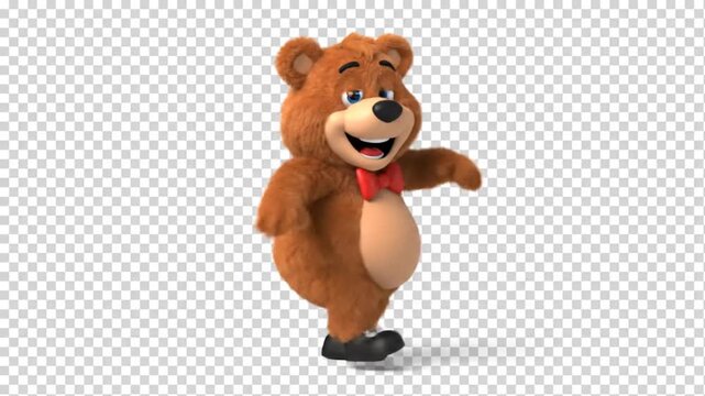 Animated cartoon bear with bow tie dancing and smiling on transparent background.