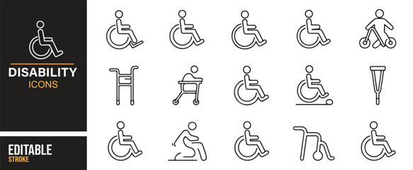 Naklejka premium Vector set of disability icons featuring wheelchairs, crutches, and medical aids in outline style.