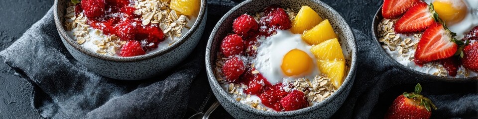 Fototapeta premium Healthy organic breakfast bowls with fresh raspberries, strawberries and mango on oatmeal with yogurt, flat lay, providing an energizing start to the day.