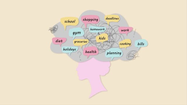Mental load concept - female pink profile, head covered with post-it notes with different life aspects