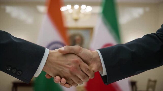 Close View of India and Iran Delegates Shaking Hands with Diplomatic Flags in Background